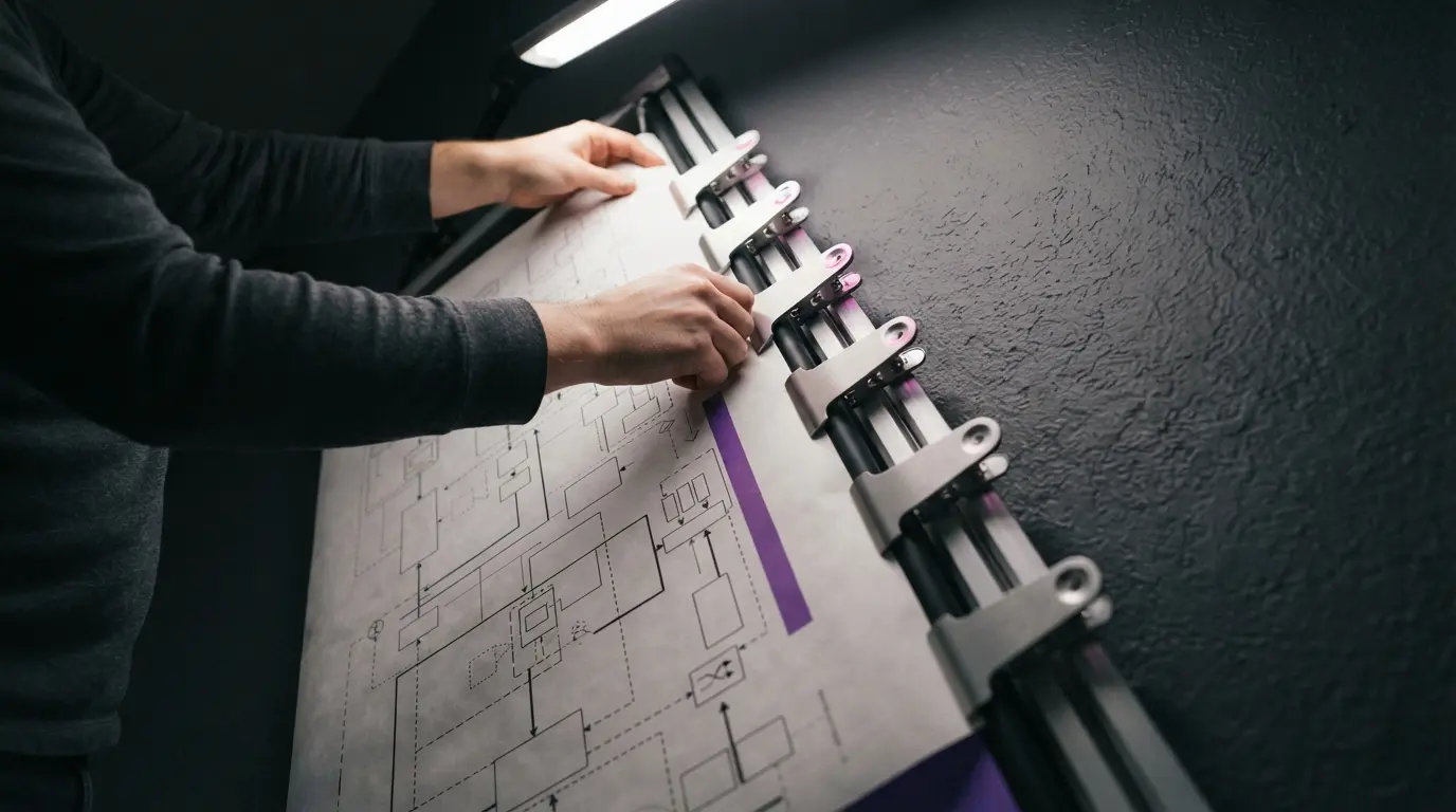 System design interview prep framework arranged on a large architecture paper rail