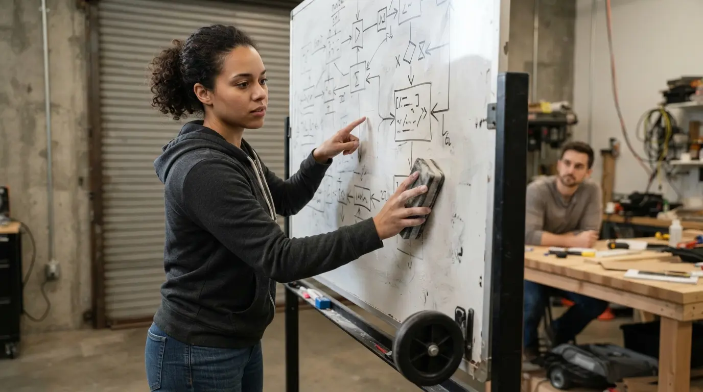Candidate calmly erasing one failed branch during a whiteboard interview recovery drill