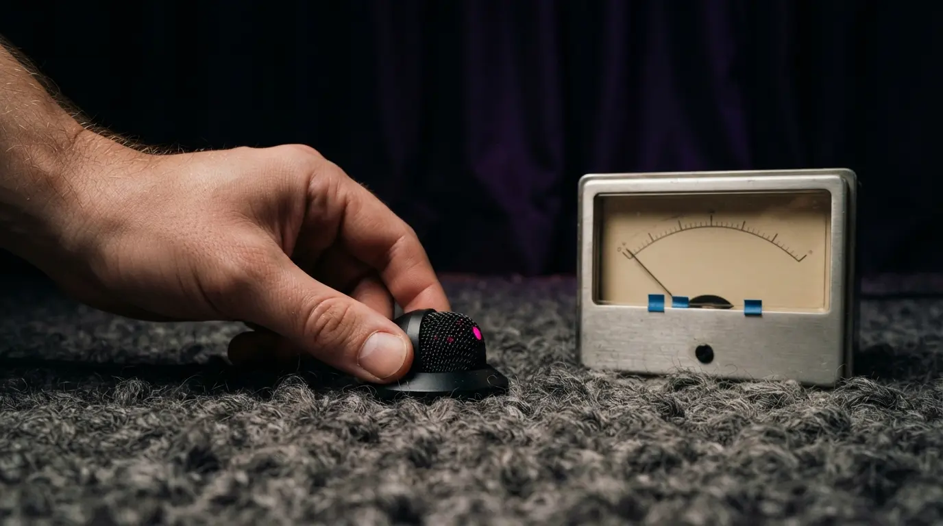 Phone interview AI assistant audio test with a microphone and analog meter