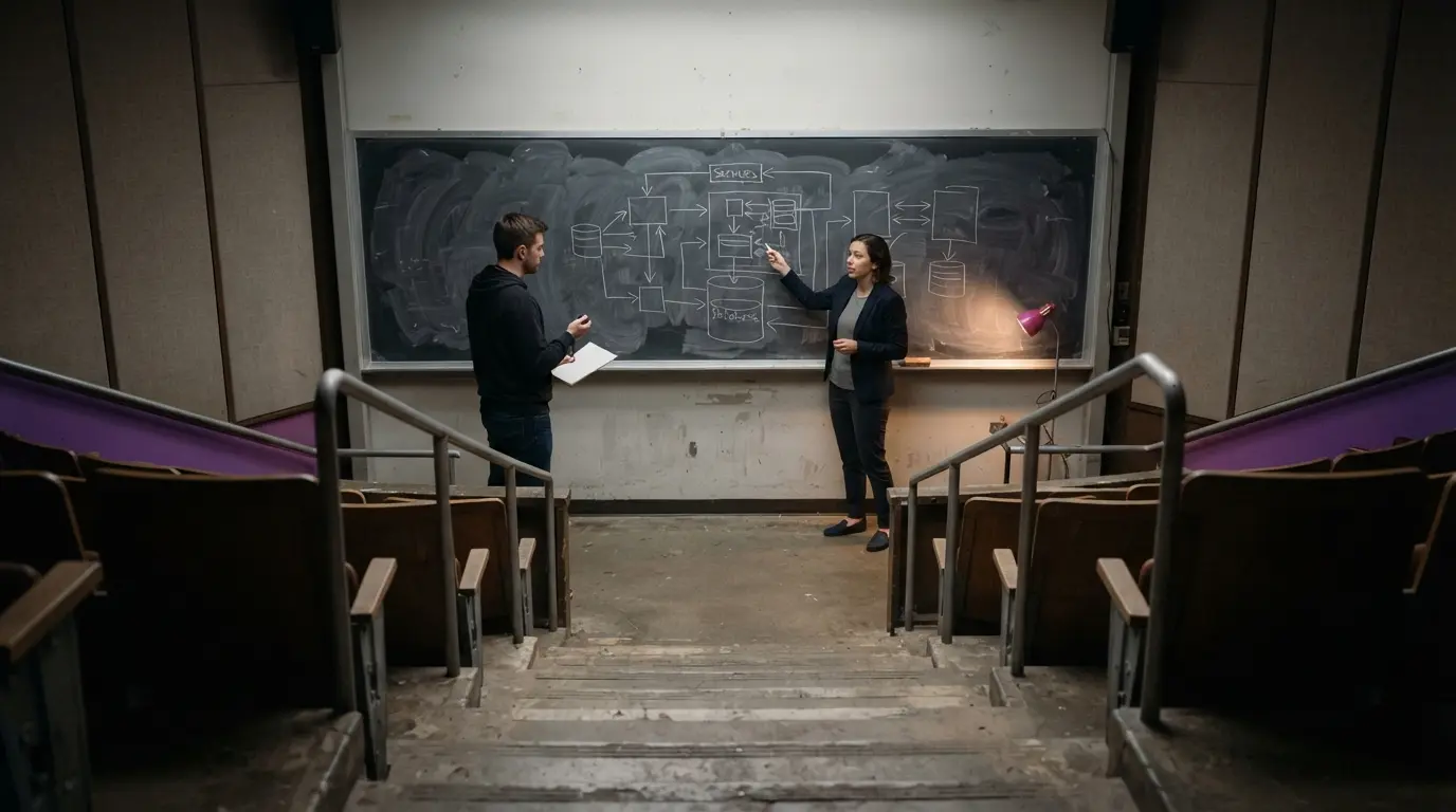 System design interview prep during a timed mock in an engineering lecture hall
