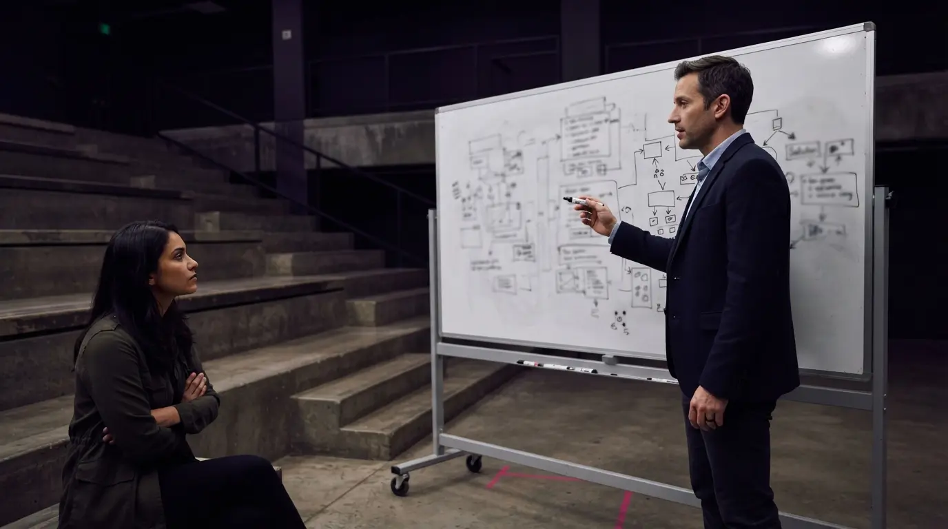Whiteboard interview practice with a candidate explaining a timed solution to a mock interviewer