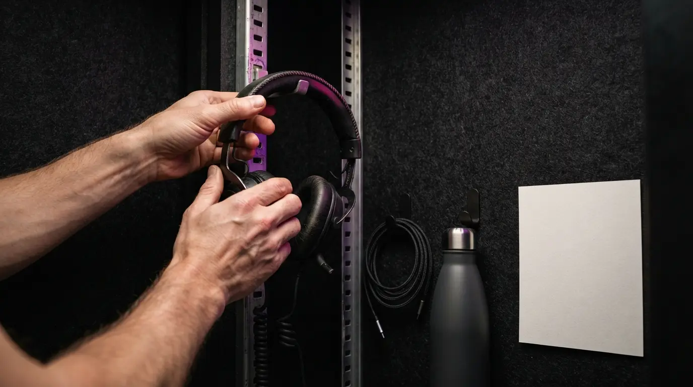 Zoom interview final setup with headset and prompt sheet