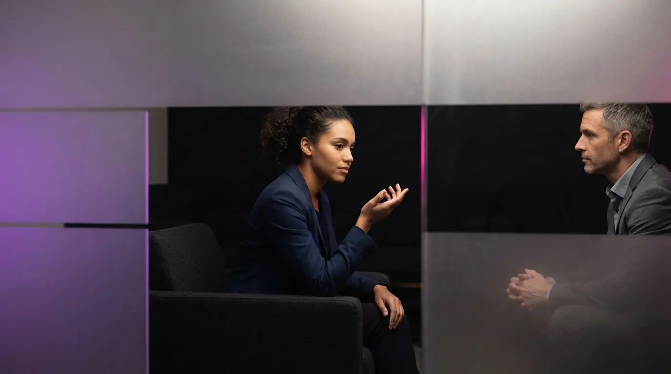 Candidate using a calm recovery pause when their mind goes blank in an interview