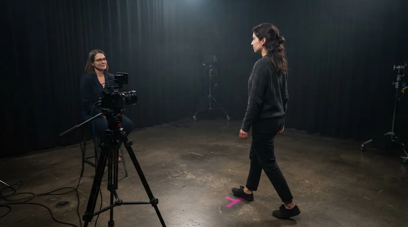 Zoom interview etiquette rehearsal on a broadcast floor mark